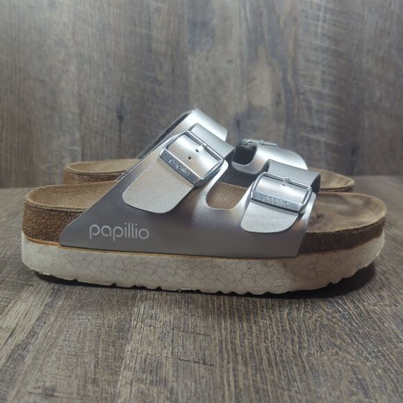 Papillio Birkenstock Silver Metallic Arizona Platform Sandals Womens Sz 8 EU 39 - Picture 2 of 13